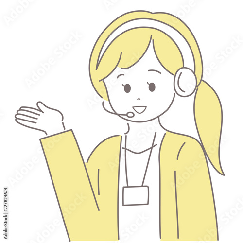 オペレーターの女性が手のひらを上に向けて案内をしているイラスト