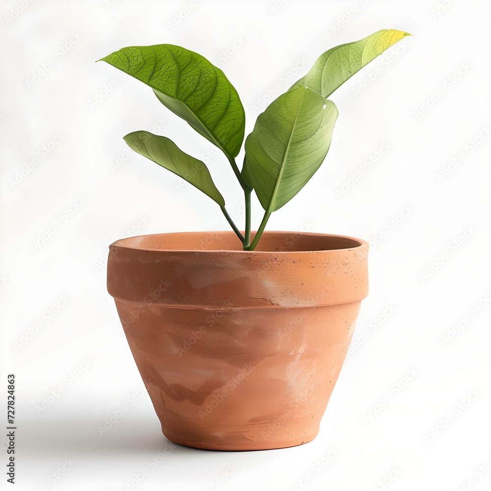 Simple terracotta pot with a green leafy plant on a white background ...