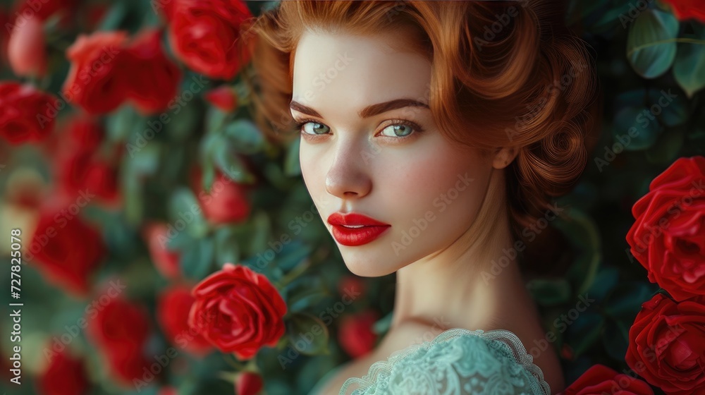 Awesome redhead model expresses emotions. Valentines Day background. Fabulous retro girl with red lips in mint dress on awesome summer background. Woman portrait. Roses bush. Valentine day, Birthday