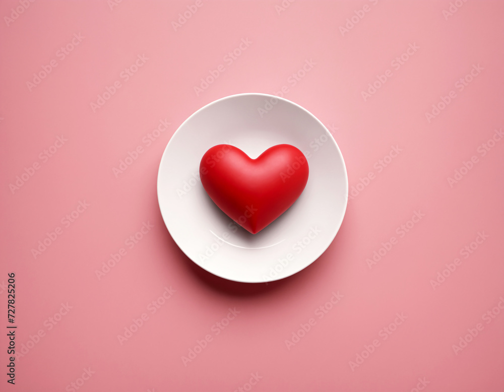 A red heart on a white saucer on a pink background.