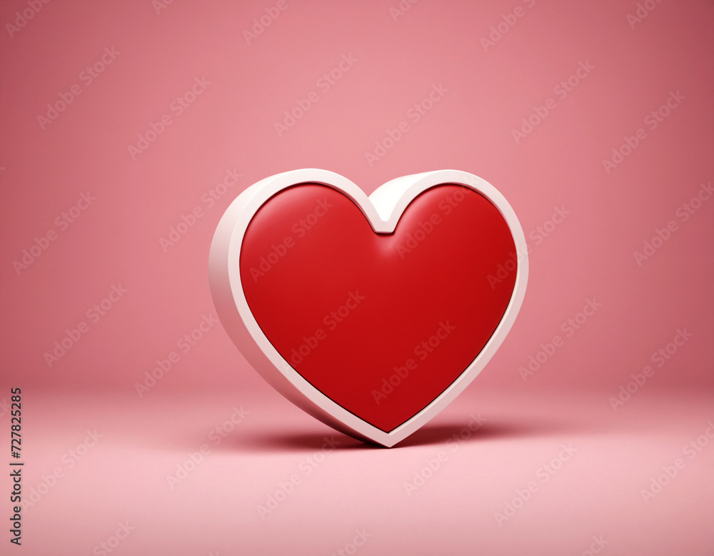A three-dimensional red heart with a white border on a pink background.
