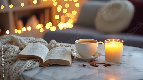 Close-up of a warm chair, a lit fireplace, a cup of tea, an open book, and burning candles on a marble table in a bedroom