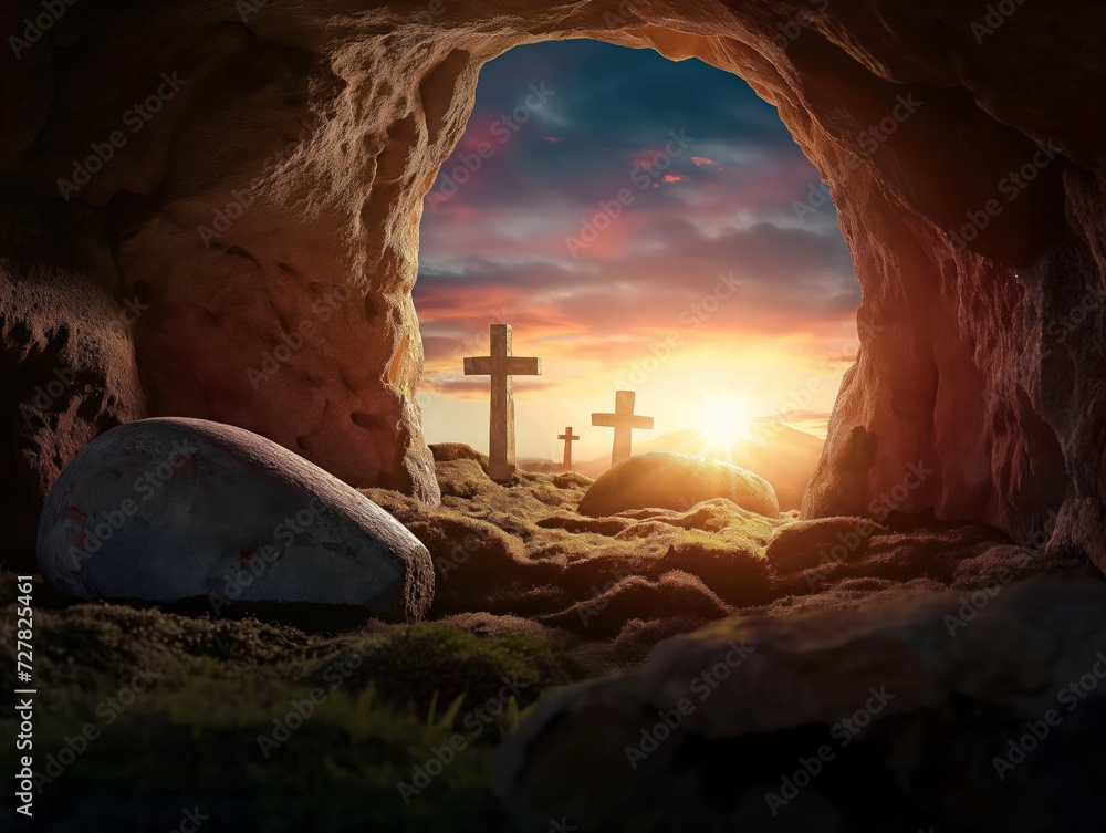 Crucifixion and Resurrection. Empty tomb of Jesus with crosses in the background. Easter or Resurrection concept. He is Risen. - obrazy, fototapety, plakaty 