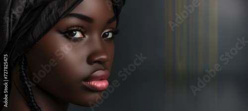 portrait, black woman's face on a black background, close-up, fashion photography. Fashion model girl. Black girl model with gold makeup, on black background, fashion magazine cover