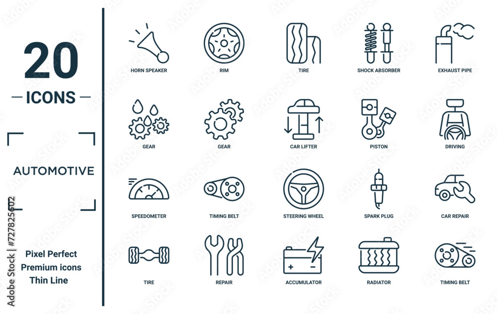automotive linear icon set. includes thin line horn speaker, gear ...