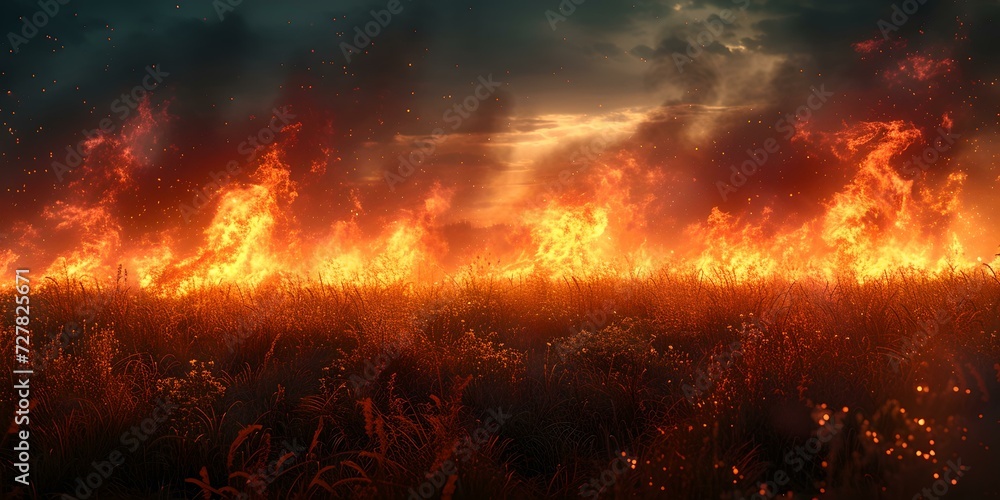 Dramatic wildfire engulfs landscape in a fiery blaze, nature's fury on display. intense flames in a twilight setting. AI