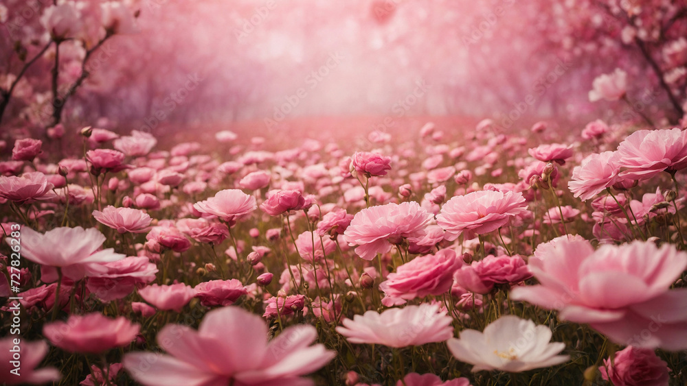 A pink floral background as the canvas for a celebration of nature's beauty and a poetic description of a field filled with blooming flowers each petal a unique stroke of artistry
