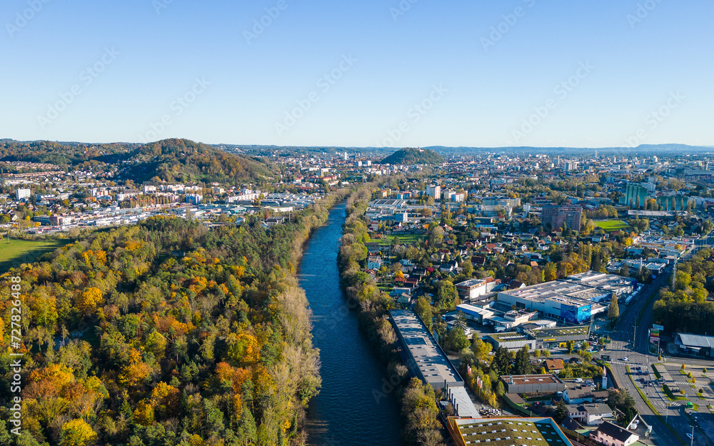 Aerial city view of Graz, Styria, Austria. The river Mur leading through the city centre