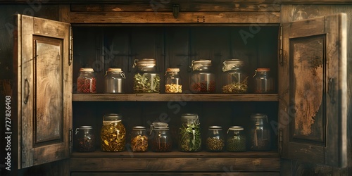 Vintage cabinet displaying collection of preserved foods in glass jars. rustic home decor style. perfect for culinary themes. AI