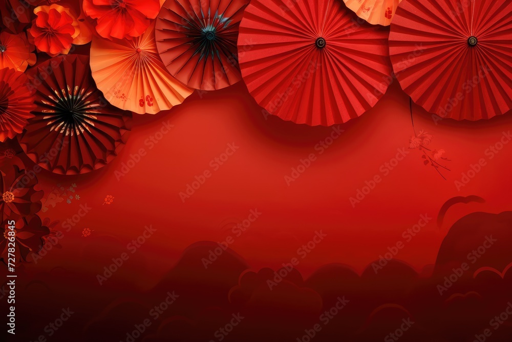 Obraz premium Chinese new year banner for product demonstration. Red pedestal or podium with folding fans, cloud and lanterns on red background.