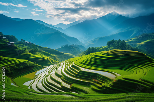 Sun rays piercing through the peaks onto the lush terraced rice paddies in a majestic mountainous landscape during early morning.