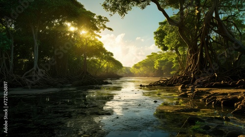 River in the forest. View of an estuary stream in a mangrove forest with morning sunlight