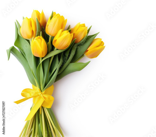  bouquet of yellow tulips on white background, top view