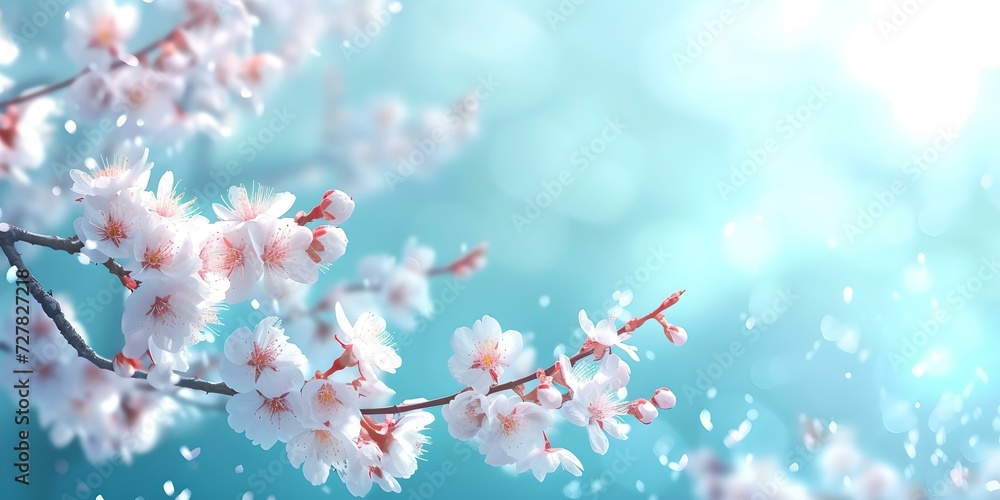 Serene cherry blossoms in full bloom against a soft blue background, symbolizing springtime serenity and renewal. a tranquil nature scene. AI