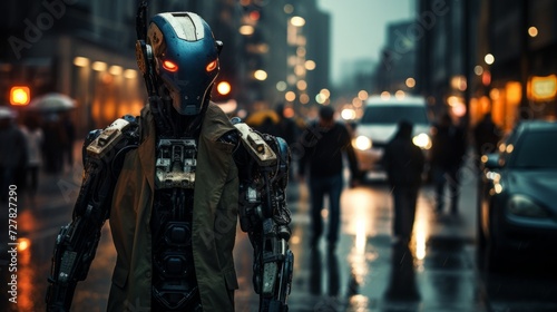 Cyborg robot on a city street