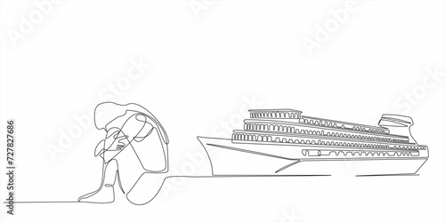 continuous line sad woman wants to buy a ship