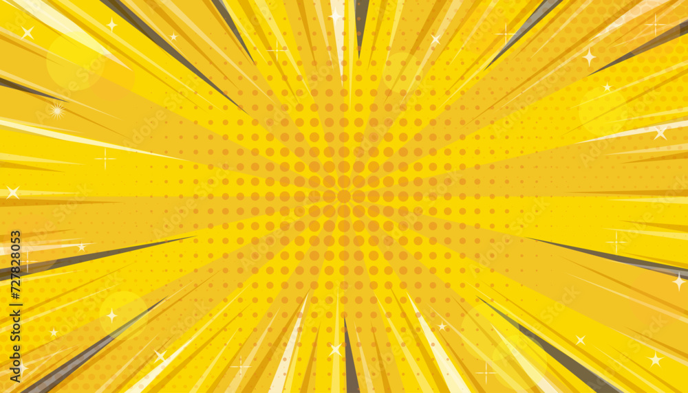 Fototapeta premium Explosion in comics book pop style with expression text space, blank layout template with halftone dots and stars on yellow backdrop, glitter yellow and orange concentration line background