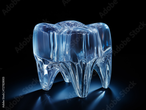 Futuristic glossy tooth over dark background. Concept of new technologies in dental treatment. photo