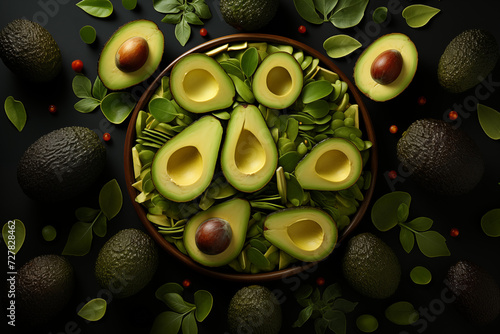 Avocado slices on a wooden plate, surrounded by whole avocados. Dark lighting enhances the green hues. Concept for culinary art and healthy eating.