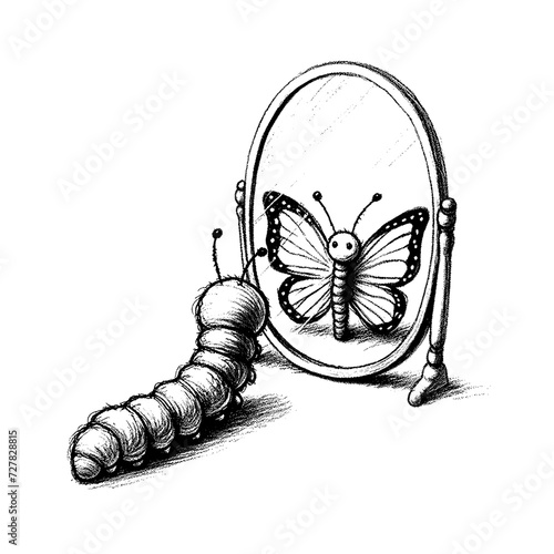 A caterpillar looking at its reflection in a mirror, seeing a butterfly, in the style of childish hand drawn drawing