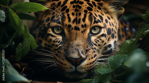 The leopard crouched in the dense thickets before jumping. A leopard in the jungle