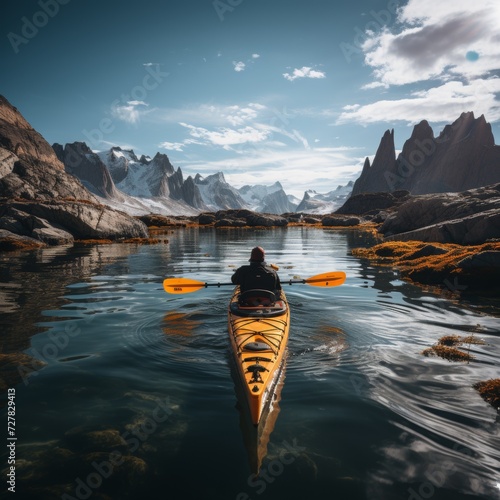 A tourist on a kayak walks along a lake in the mountains. © Сергей Дудиков
