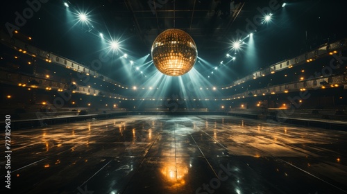 A dance floor. A concert venue of the disco era. The disco ball is in the spotlight. photo