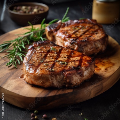 Sliced medium rare grilled steak with rosemary on a dark background. Ai created.