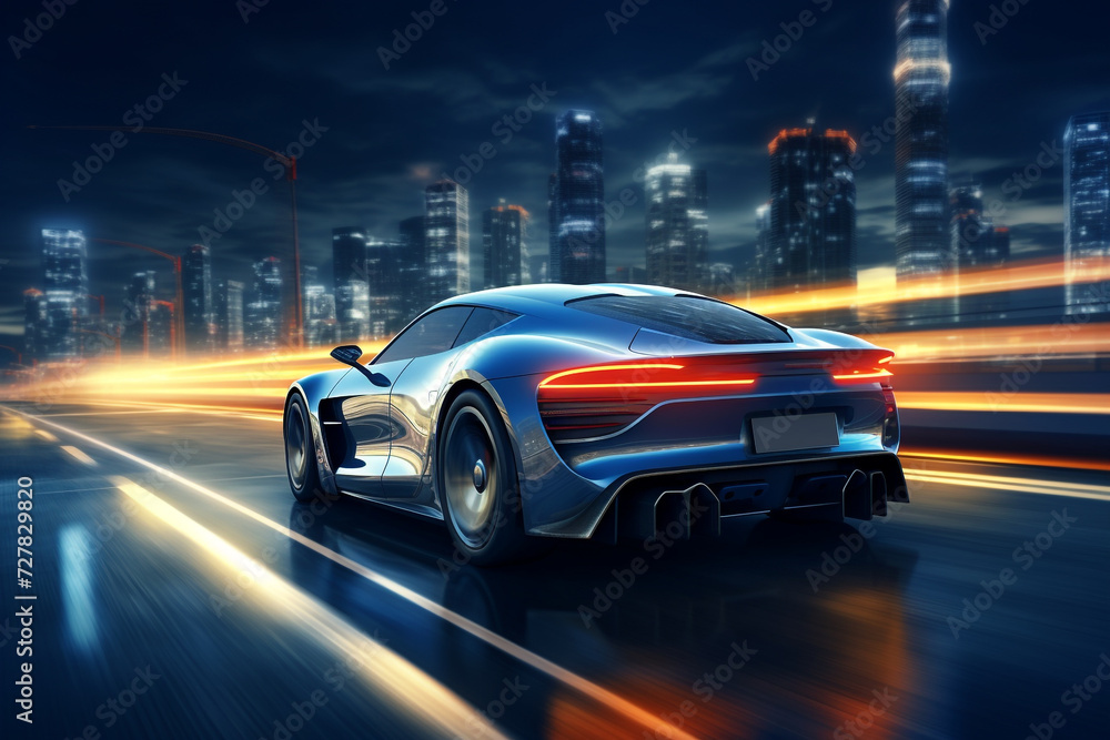 electric sports car riding on highway road at dark against the background of the city. Fast moving supercar. 3d illustration electric sports car riding on highway road at dark against the background of the city. Fast moving supercar. 3d illustration