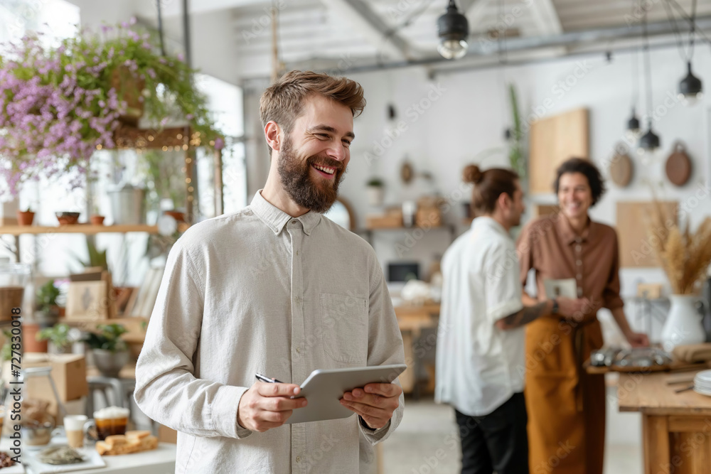 Man Standing in Kitchen Holding Tablet Man Standing in Kitchen Holding Tablet
