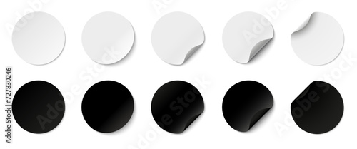Paper stickers circle with rounded edges adhesive, white and black paper round stickers with peeling corner and shadow, isolated rounded plastic mockup, set round paper curved corner