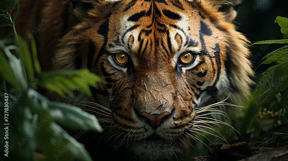 The tiger crouched in the dense thickets before jumping. Tiger in the jungle The tiger crouched in the dense thickets before jumping. Tiger in the jungle