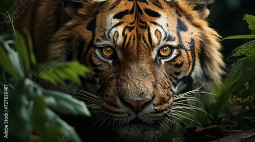 The tiger crouched in the dense thickets before jumping. Tiger in the jungle © Сергей Дудиков