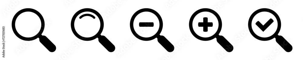 Magnifying glass simple icon collection. Search icon set, zoom in and zoom out icons. Magnifier or loupe with check mark sign. Vector illustration. Magnifying glass simple icon collection. Search icon set, zoom in and zoom out icons. Magnifier or loupe with check mark sign. Vector illustration.