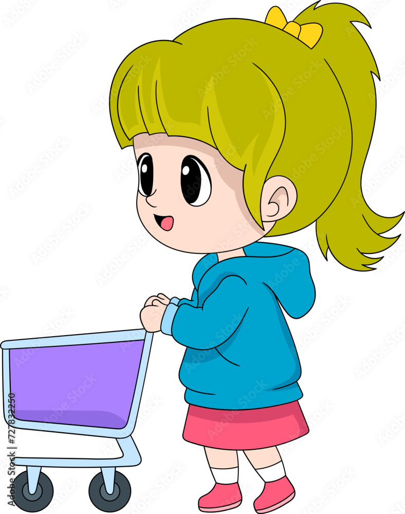 cartoon doodle illustration of daily activities, beautiful young girl pushing a shopping cart into the mall