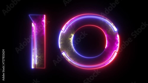Glowing neon animated number 10 (Ten). Bright neon glowing number 10. Education concept photo