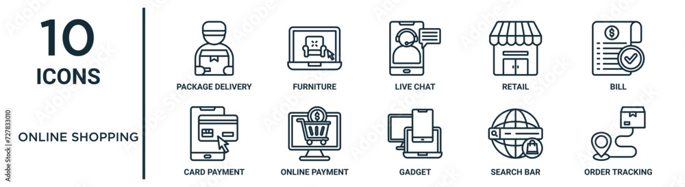 online shopping outline icon set such as thin line package delivery ...