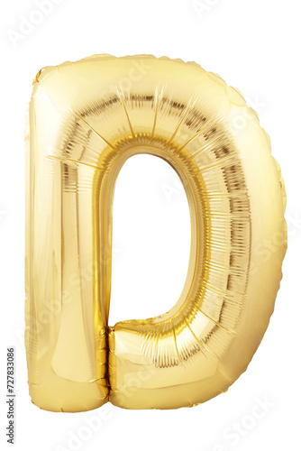 Rose gold letter D made of inflatable balloon isolated on white background