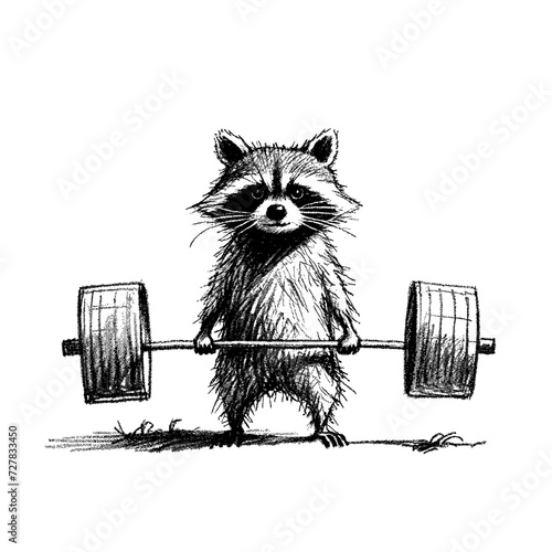 A raccoon lifting a trash can as if its a deadlift, in the style of childish hand drawn drawing