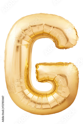 Rose gold letter G made of inflatable balloon isolated on white background