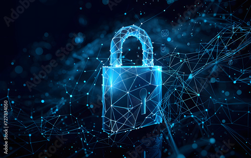 A cyber security concept illustration featuring a futuristic padlock on a blue background, symbolizing intertwined networks with dotted 3D holographic elements. photo