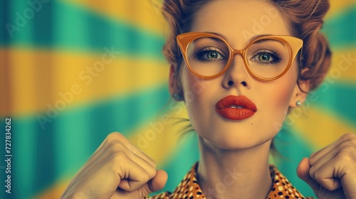 the face of a beautiful girl in glasses and red lips with her hands clenched into a fist, retro style, banner