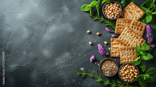 Passover Herbs and Matzah Flat Lay.