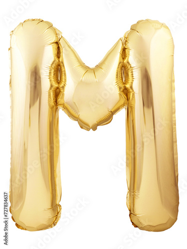 Rose gold letter M made of inflatable balloon isolated on white background