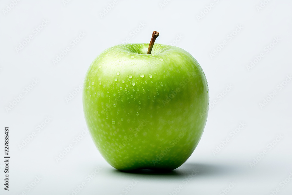 A fresh, green apple with water droplets against a white background. A fresh, green apple with water droplets against a white background.
