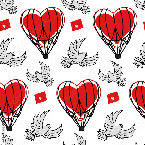 A dove pattern with a letter and a heart-shaped airship for Valentine's Day in doodle style. Background for greeting cards, scrapbooking, printing, gift wrapping, fabric making. Red black colors