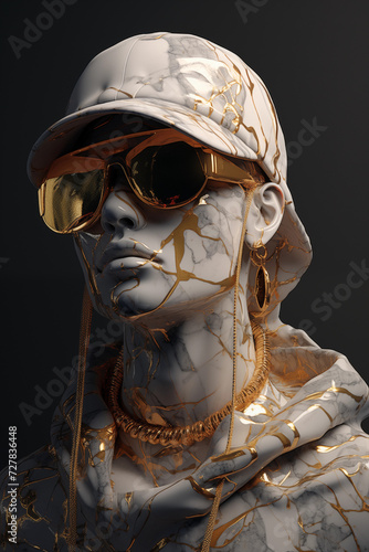 Creative Marble statue bust of woman with gold flecks in sunglasses and baseball hat, hipster, modern style, abstract, fashion