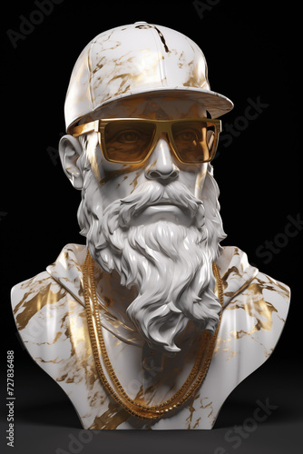 Creative Marble statue bust with gold flecks, man with beard in sunglasses, modern style, hipster, abstract 