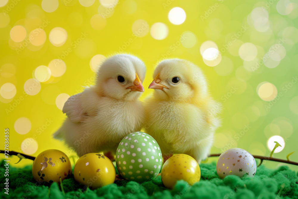 Two fluffy yellow chicks sitting side by side against a vibrant yellow backdrop with soft bokeh lights Two fluffy yellow chicks sitting side by side against a vibrant yellow backdrop with soft bokeh lights