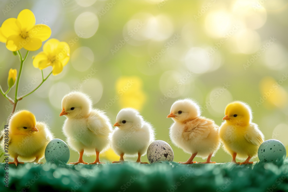 Fluffy yellow chicks sitting side by side against a vibrant yellow backdrop with soft bokeh lights